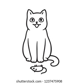 Cute cartoon cat with dead mouse drawing. Cats bringing prey animals to owner as gift. Vector illustration.