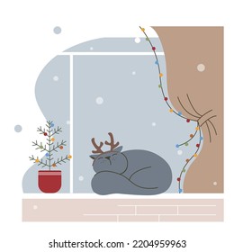Cute cartoon cat decorated deer horns sleeping in a window. Vector winter Christmas illustration.