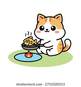 A cute cartoon cat, depicted in a simple, kawaii-style illustration, is shown happily cooking. The white and orange cat holds a black frying pan containing a small yellow fish over a small red and orange flame. Steam rises from the pan, indicating the cooking process. The artwork has a cheerful and lighthearted feel, perfect for a sticker or icon.