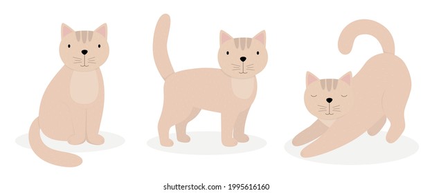 Cute cartoon cat in different poses. Suitable for children's design, greeting cards, party invitations, fashion design, poster. Vector illustration