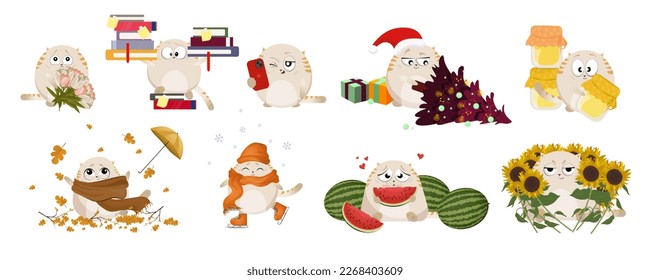Cute cartoon cat in different poses. Illustrations for postcards, calendars, children's books, posters.