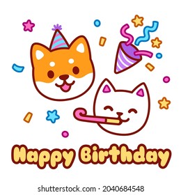 Cute cartoon cat and dog character celebrating on birthday party. Happy birthday greeting card design. Kawaii vector illustration.