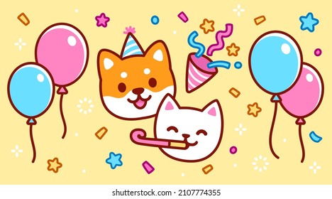 Cute Cartoon Cat And Dog Character With  Party Hat, Confetti And Balloons. New Year Celebration, Birthday Party Banner. Kawaii Vector Illustration.