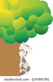 Cute cartoon cat and dog hiding behind the tree. Playing hide and seek. Cartoon animal character. Illustration, Vector, EPS10