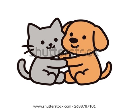 Cute cartoon cat and dog hugging illustration, friendly cat and dog cartoon showing love and friendship.