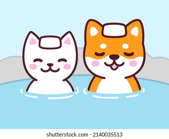 Cute cartoon cat and dog in Japanese Onsen hot spring. Kawaii couple drawing, funny vector illustration.