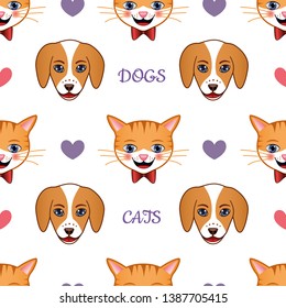 Cute cartoon cat and dog seamless pattern. Smiling cat and dog faces on isolated white background. For children fabric, backdrop, textile, wallpaper, etc. EPS-10 vector with printable CMYK colors.