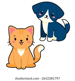 Cute cartoon cat and dog sitting side-by-side.