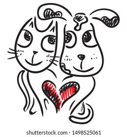 Cute cartoon cat and dog. Sketch. Vector illustration