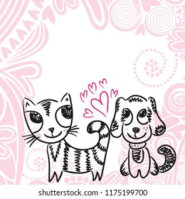 Cute cartoon cat and dog. Vector illustration