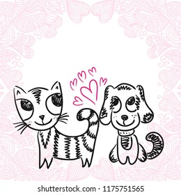 Cute cartoon cat and dog. Vector illustration