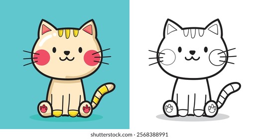 Cute cartoon cat doll for coloring book or design element with isolated white background