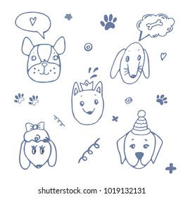 Cute cartoon cat doodle set, funny vector icons. Hand drawn sketch style dog characters faces.