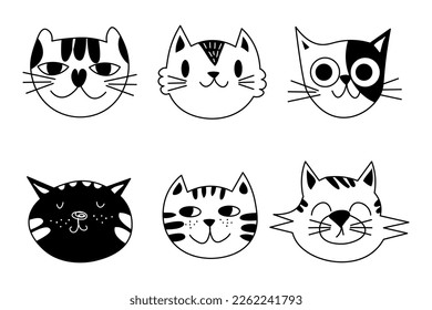 Cute cartoon cat doodle set, funny vector icons. Hand drawn sketch style cat characters faces. EPS