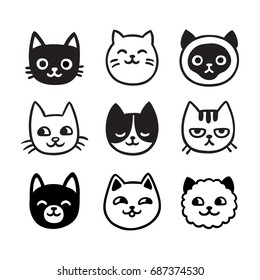 Cute cartoon cat doodle set, funny vector icons. Hand drawn sketch style cat characters faces.