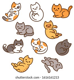 Cute cartoon cat drawing set, different breeds and colors. Hand drawn kitty doodles in simple kawaii style, vector clip art illustration.