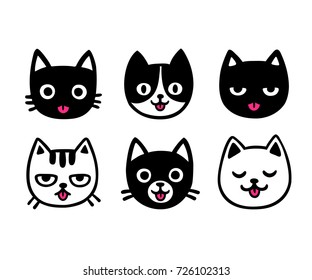 Cute cartoon cat drawing set, sticking out tongue. Funny hand drawn vector illustration.