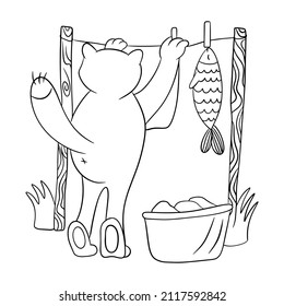 Cute cartoon cat drawn with a black outline. The cat hangs up the laundry to dry. Children's coloring book