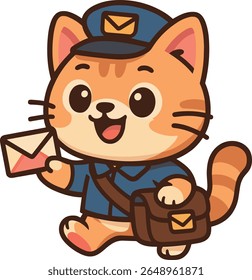 A cute cartoon cat dressed as a mail carrier, holding an envelope and wearing a postman uniform with a mailbag. Perfect for children’s designs, job-themed art, or kawaii characters.