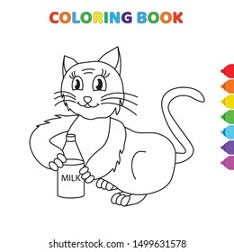 cute cartoon cat drinking a milk coloring book for kids. black and white vector illustration for coloring book. cat drinking a milk concept hand drawn illustration