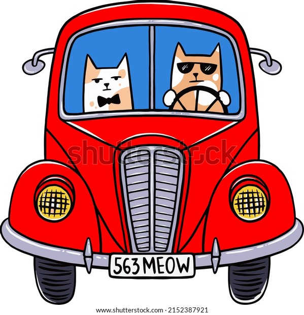 cute\
cartoon cat driving a red car. Vector\
illustration