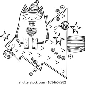 Cute cartoon cat dropped the Christmas tree. Single design element. Clipart. Children's coloring. Line art, contour. Christmas theme, New Year, Winter. Scandinavian. Isolated on a white background.