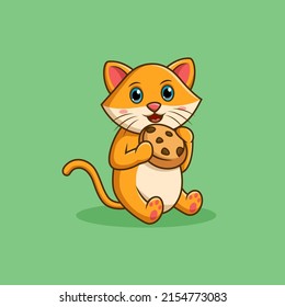 Cute cartoon cat eating cookie. Vector illustration