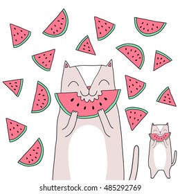 Cute Cartoon Cat Eats Watermelon