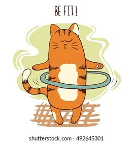 Cute cartoon cat exercising with hula hoop. Vector fitness illustration. 