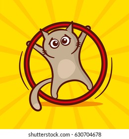 Cute cartoon cat exercising with hula hoop. Vector fitness illustration