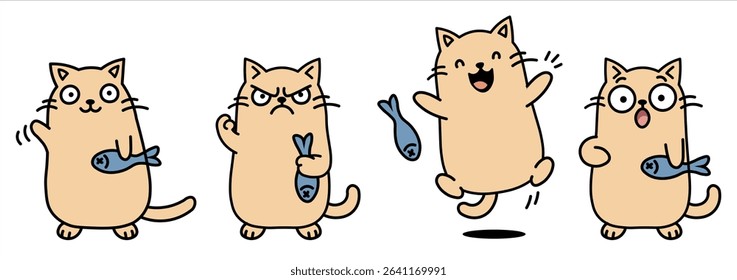Cute cartoon cat with expressive faces holding a fish: surprised, angry, happy, and waving. Fun and playful character set for stickers, comics, or children's content.