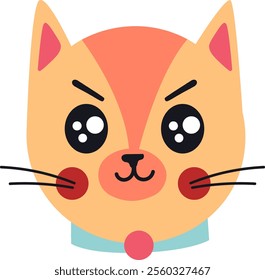 Cute cartoon cat face with big eyes and light blue collar with pink button, isolated on white background, conveying a sense of innocence and playfulness