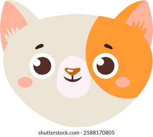 Cute cartoon cat face featuring a playful design with a distinctive orange patch over one eye. The illustration showcases large expressive eyes and a friendly smile, perfect for children s themes