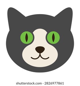 A cute cartoon cat face with green eyes and black fur, smiling and looking friendly, perfect for kids or pet lovers
