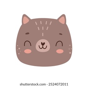 Cute cartoon cat face, isolated kitty mascot icon with smiling expression, emoji sticker design. Vector sweet muzzle of feline animal. Logo or sticker of animal with furry coat, pussycat snout