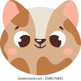 Cute cartoon cat face with large eyes and a playful expression. The design features a round, stylized appearance with brown and cream markings, perfect for children s illustrations or decor