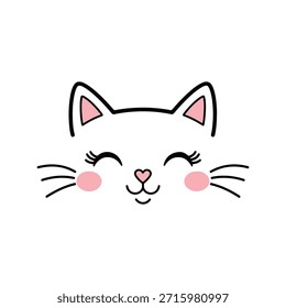 Cara linda del gato de la historieta con las orejas rosadas y la nariz del corazón que sonríe dulcemente