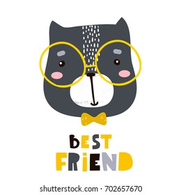 Cute cartoon cat face print. Childish print for nursery, kids apparel,poster, postcard. Vector Illustration