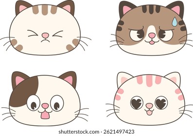 Cute Cartoon Cat Faces com Olhos Grandes - Kawaii Style Animal.