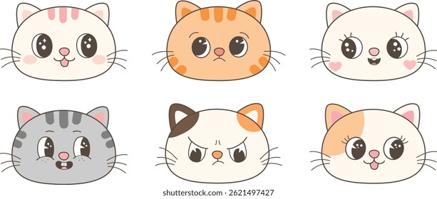 Cute Cartoon Cat Faces with Big Eyes – Kawaii Style Animal.