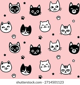 Lindo gato de dibujos animados caras doodle sin patrón. Gatitos blancos y negros dibujados a mano, patas, estrellas sobre fondo rosa. Simple Ilustración vectorial.