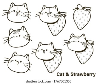 Cute cartoon cat faces with strawberry on white background doodle style, Vector illustration. This design for publication, decoration, sticker, pattern, and more.