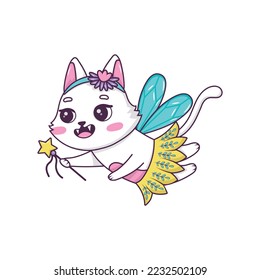 Cute cartoon cat fairy with magic wand in ballerina tutu flying in doodle style isolated on white background