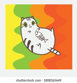 Cute cartoon cat and fish illustration background, colorful design, vector