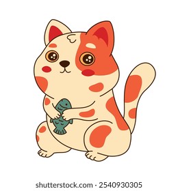 Cute cartoon cat with a fish in its paws. Chinese new year children art