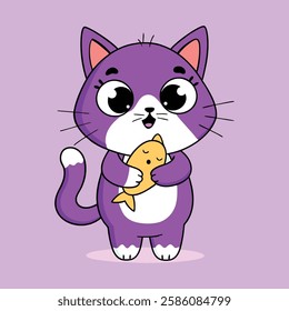 Cute cartoon cat and fish sitting together with happy expressions