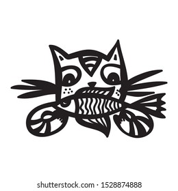 Cute cartoon cat with fish. Vector illustration
