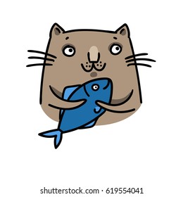 cute cartoon cat with fish. vector illustration