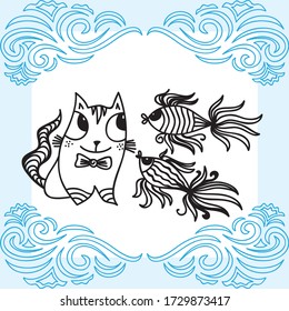 Cute cartoon cat and fishes. Vector illustration