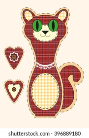 Cute cartoon cat in flat design for greeting card, invitation and logo with fabric texture. Vector illustration